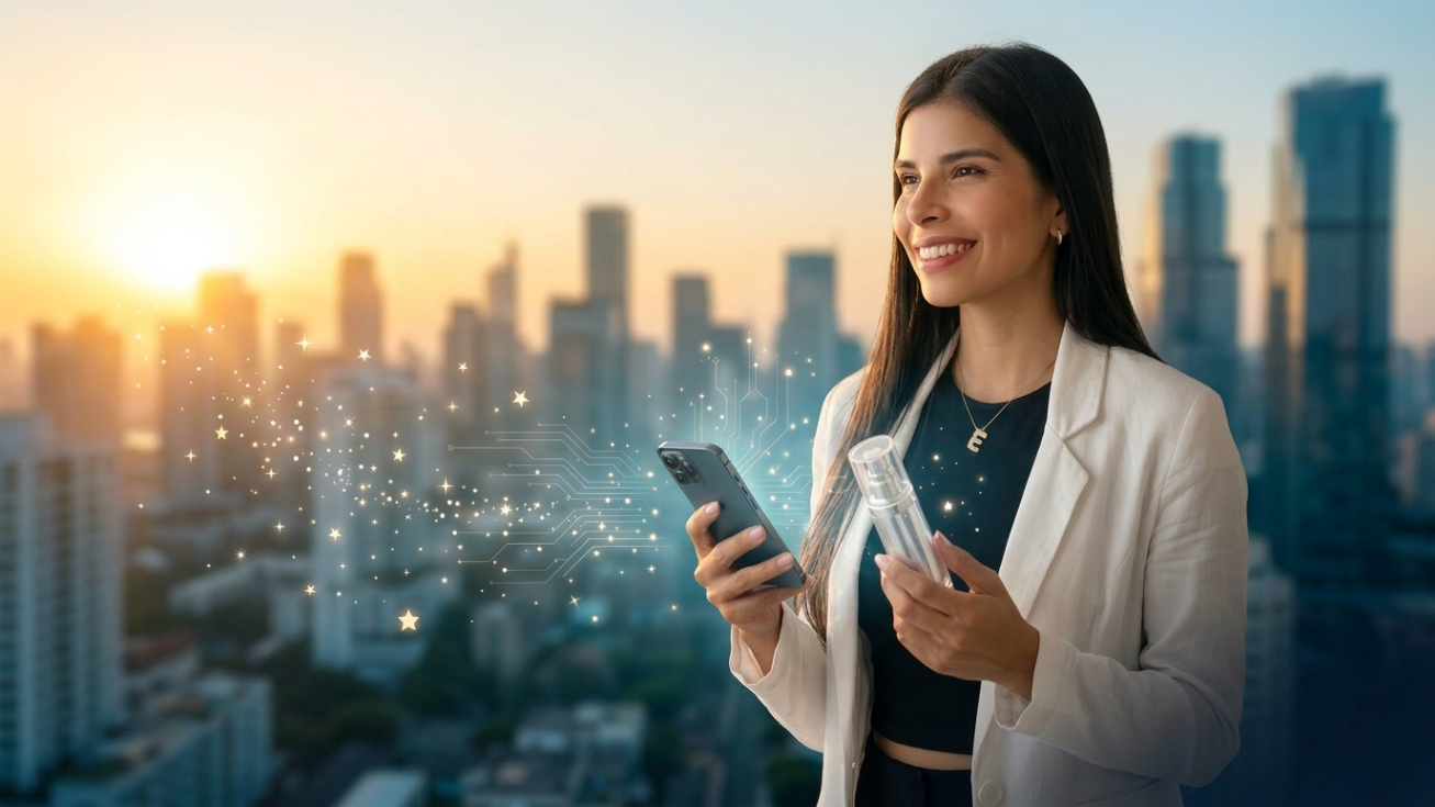 Emiluz creadora UGC con smartphone y skyline al atardecer